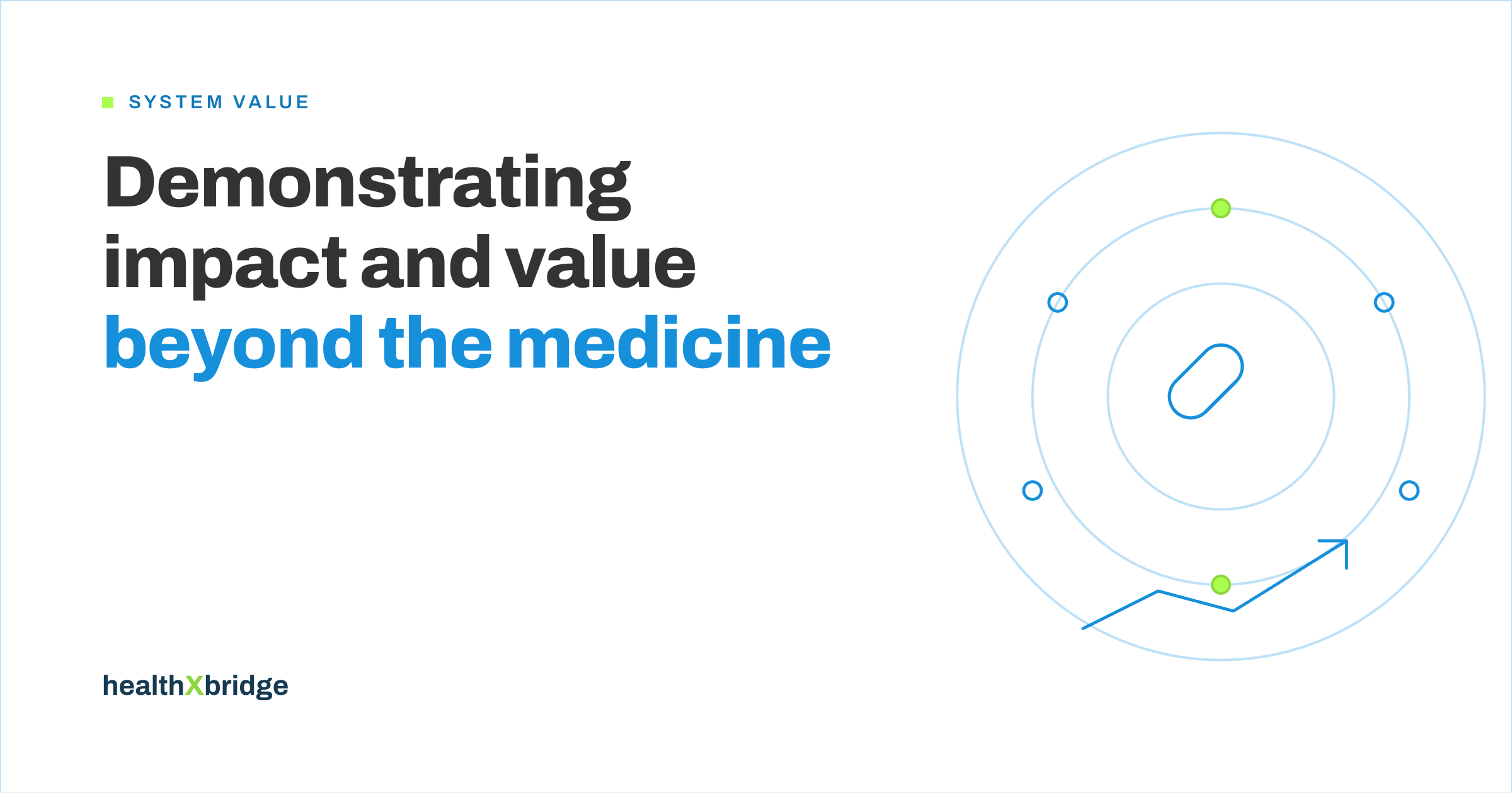 Branded illustration: a medicine capsule radiating outward into a network of system nodes
